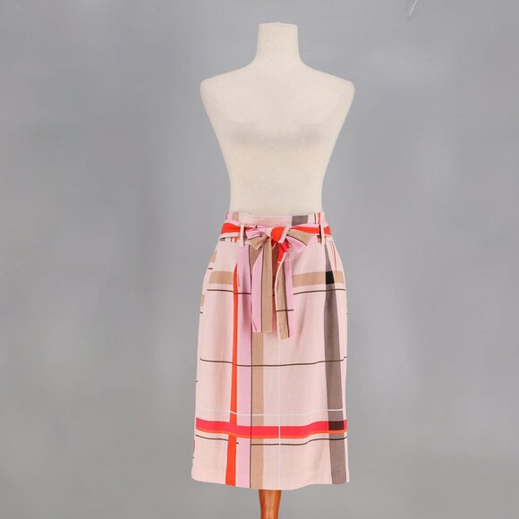 NWT ANN TAYLOR Linen Blend Plaid Tie-Waist Pencil Skirt Pink Multi Size 8 - Picture 4 of 8